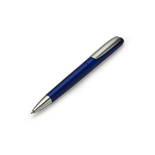 Caneta plástica com carga esferográfica azul e acionamento por clique no clipe. 13,8 cm x 1,4 cm