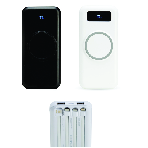 Power Bank com 10.000mAh e carregamento via indução ou via cabo. 6,9 x 2,2 x 14,8 cm.