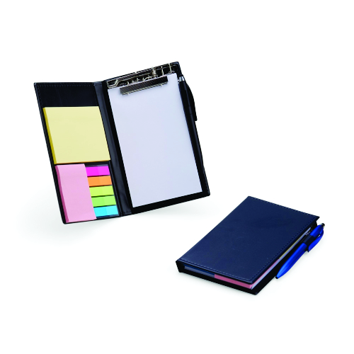 Kit para anotações em couro sintético com autoadesivos e caneta plástica. 19,2 x 12 x 1,8 cm.