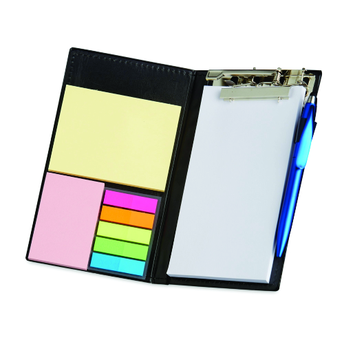 Kit para anotações em couro sintético com autoadesivos e caneta plástica. 19,2 x 12 x 1,8 cm.