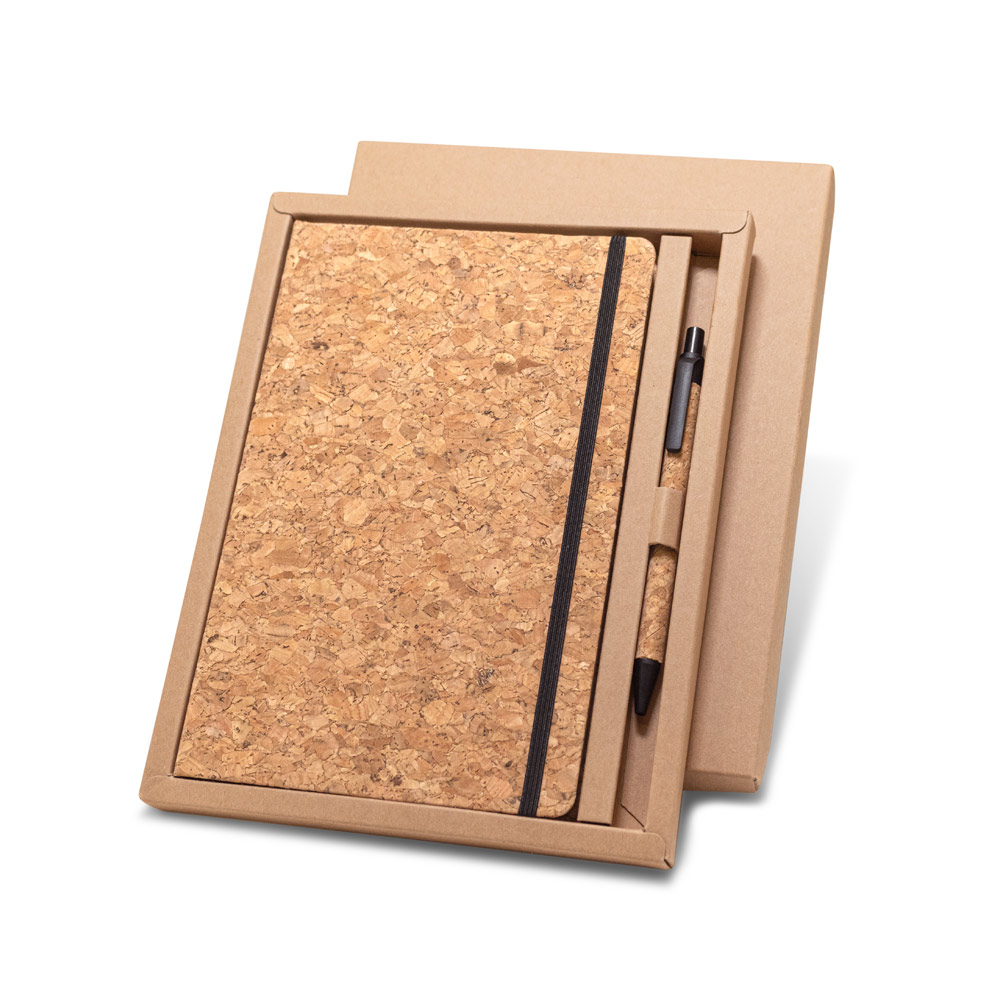 Conjunto de bloco de notas 140 x 210 mm e caneta esferográfica em cortiça