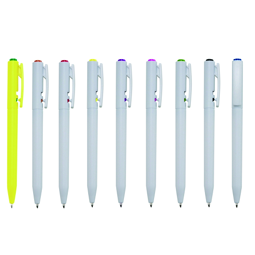 Caneta plástica com carga esferográfica azul e acionamento por clique, com proteção de silicone da ponta da carga, para proteção antes do primeiro uso. 1,2 x 13,6 cm