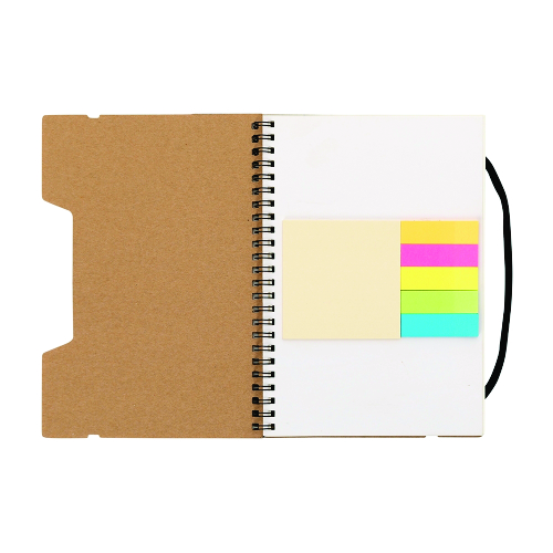 Caderno ecológico com autoadesivos e régua.