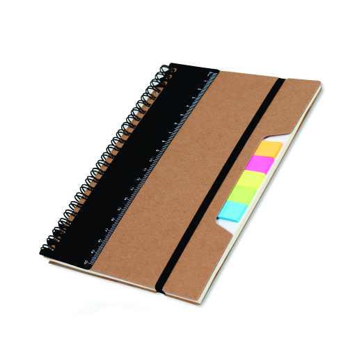Caderno ecológico com autoadesivos e régua.