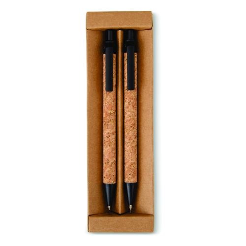 Kit ecológico, caneta e lapiseira de cortiça com estojo de papelão. Sustentável. Ecológico. 5,2 x 2,3 x 17,2 cm.